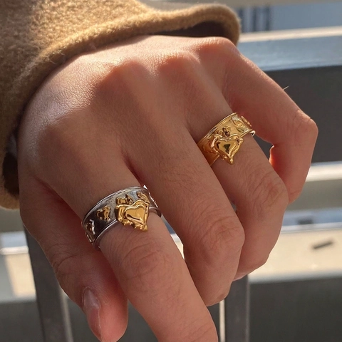 Edelstahl Herz Anhänger Breite Ringe Geprägtes Muster Wasserdicht Hypoallergen Vintage Schmuck Für Damen