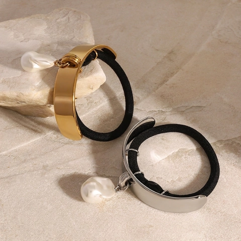 Elastico Capelli In Acciaio Inossidabile Con Ciondolo Perla Artificial Barocca Metallo Curvo Minimalista Scrunchie Per Donne Impermeabile