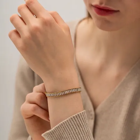 Pulsera De Acero Inoxidable Chapado En Oro De 18K Con Doble Fila De Circonita Blanca Para Mujer Ajustable
