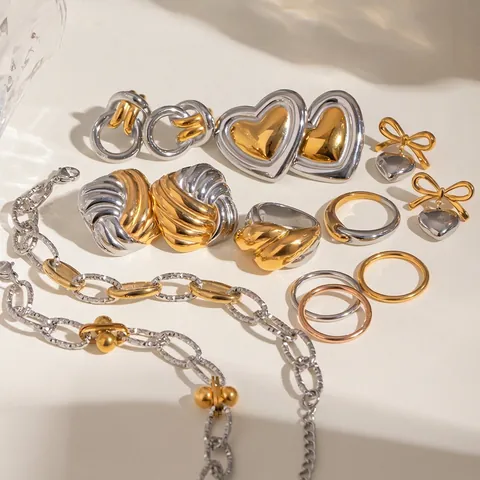 Zweifarbige Edelstahl Halskette Ohrringe Ringe Für Damen Mode Gold Silber Herz Schleife Geometrisch Wasserdicht Hypoallergen