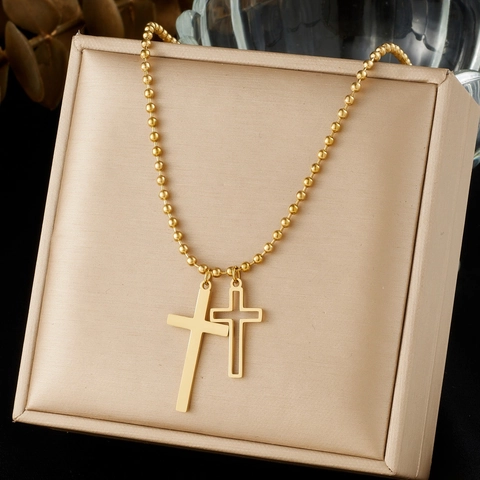 Pendant Necklace 304 Stainless Steel Gold Plated Double Cross Solid Hollow Individual Trendy Neck Chain For Women Jewelry Gift