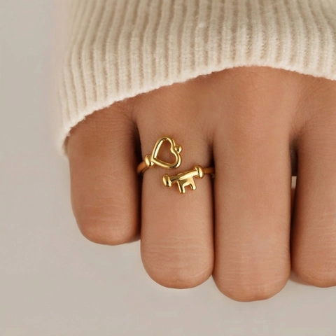 Herz Schlüssel Offener Ring Edelstahl 18K Vergoldet Verstellbar Wasserfest Minimalistischer Schicker Damenschmuck