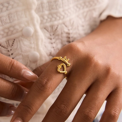 Herz Schlüssel Offener Ring Edelstahl 18K Vergoldet Verstellbar Wasserfest Minimalistischer Schicker Damenschmuck