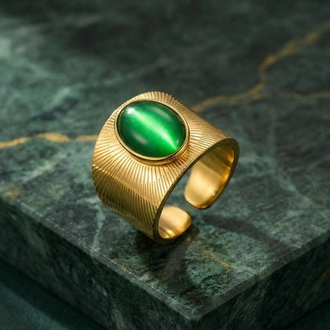 Anello Aperto a Fascia Larga in Acciaio Inossidabile Vintage Francese Con Motivo a Raggiera Pietra Occhio di Gatto Verde Regolabile Per Donna