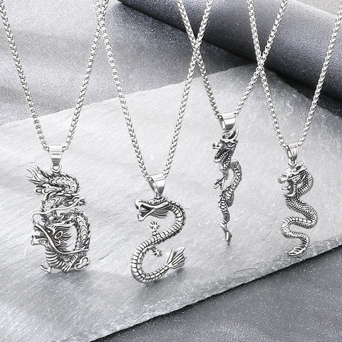 Vintage Stainless Steel Dragon Pendant For Men Titanium Steel Ethnic Chinese Zodiac Dragon Necklace Charm Accessory Jewelry Gift