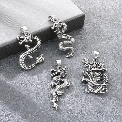 Vintage Stainless Steel Dragon Pendant For Men Titanium Steel Ethnic Chinese Zodiac Dragon Necklace Charm Accessory Jewelry Gift