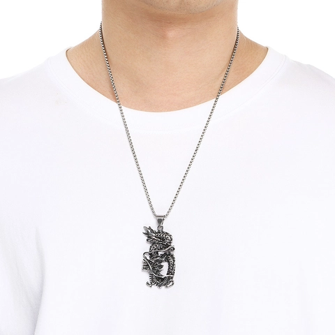 Vintage Titanium Steel Dragon Pendant Necklace For Men Chinese Zodiac Totem Casting Antique Silver Charm Jewelry