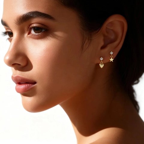 Boucles d'Oreilles Clous en Argent Sterling 925 Forme de Cœur Étoile pour Femme avec Strass Incrustés et Fermoir à Vis