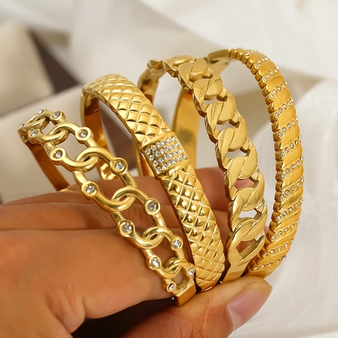 Damen Edelstahl Gold Vergoldet Armreif Mit Strass Eingelegt Geometrische Kette Design Premium Mode Schmuck Geschenk