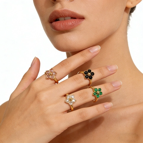 French Style Stainless Steel Heart Square Flower Rings 18K Gold Plated Cubic Zirconia Adjustable Open Jewelry For Women
