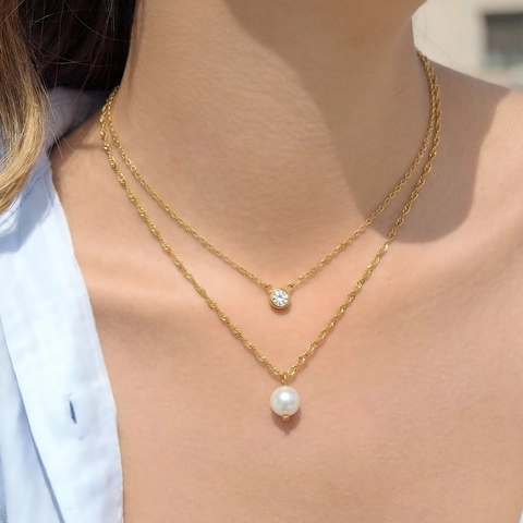 Collar De Varias Capas Con Colgante De Acero Inoxidable 304 Chapado En Oro 18K Circón Perla Artificial Joyería De Lujo Para Mujer