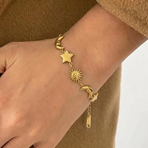 Sonne Mond Sterne Charm Armband 18K Vergoldet Edelstahl Himmlischer Schmuck Wasserdicht Für Damen