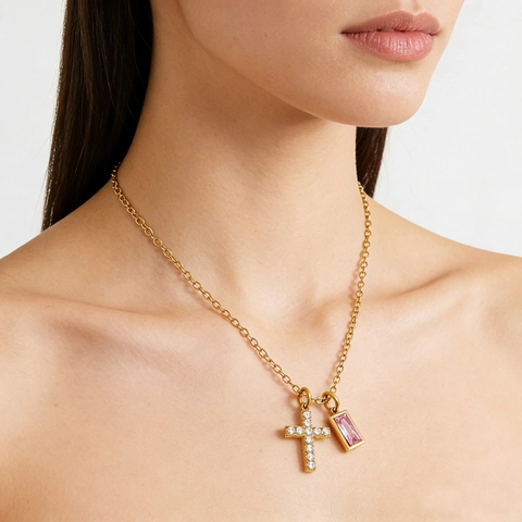 Collana Con Ciondolo A Croce Placcata Oro 18K Acciaio Inossidabile 304 Con Pietra Portafortuna Mensile Rettangolare Zircone