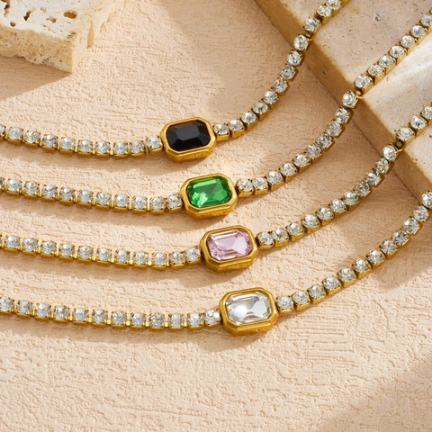 Fashion Stainless Steel Gold Plated Rhinestone Tennis Bracelet For Women Luxury Rectangle Geometric Chain Jewelry Gift