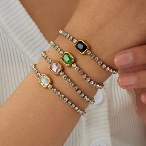 Fashion Stainless Steel Gold Plated Rhinestone Tennis Bracelet For Women Luxury Rectangle Geometric Chain Jewelry Gift