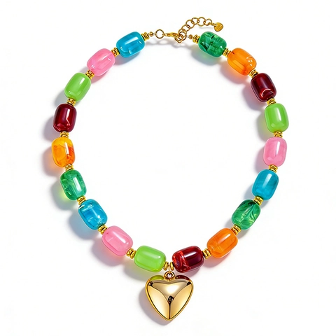 Collana di Perle Acriliche Esagerate Ciondolo a Cuore Bohemian Chunky Chain Collana per Gioielli da Donna Accessori Quotidiani