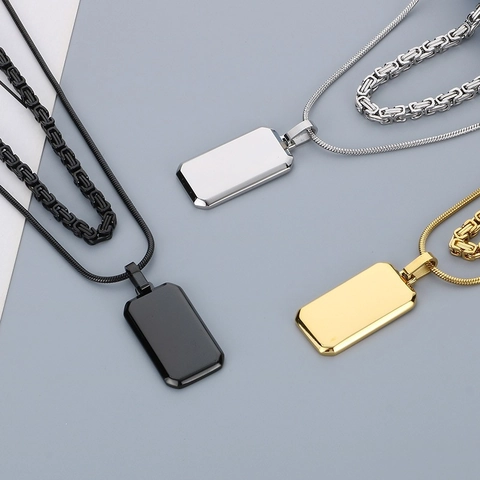 Men Stainless Steel Double Layered Necklace Mirror Polished Rectangular Dog Tag Pendant Byzantine Snake Chain Minimalist Jewelry