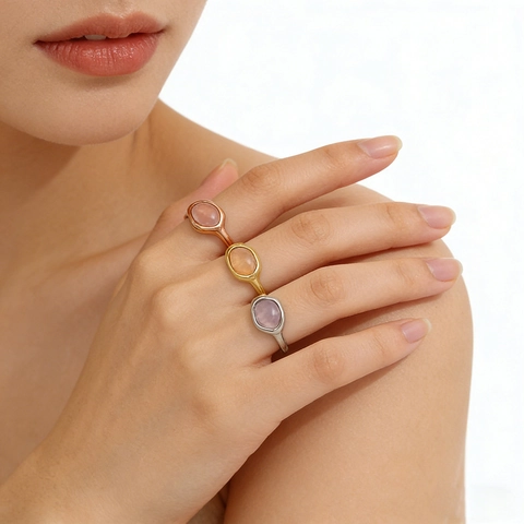 Bague Irrégulière en Acier Inoxydable pour Femme Quartz Rose Naturel Incrusté Plaqué Or PVD Bijoux de Bague Minimaliste à la Mode
