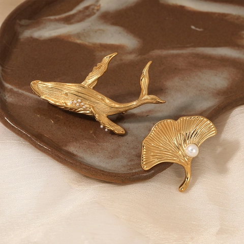 Stainless Steel Whale Ginkgo Leaf Brooch With Artificial Pearl Marine Ocean Series Fashion Jewelry Accessory For Women