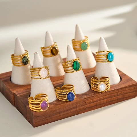 Anelli in Acciaio Inossidabile 304 Placcati in Oro 18K Vintage per Donna Bohemien Intarsio Pietra Naturale Perla Artificiale Anello Aperto