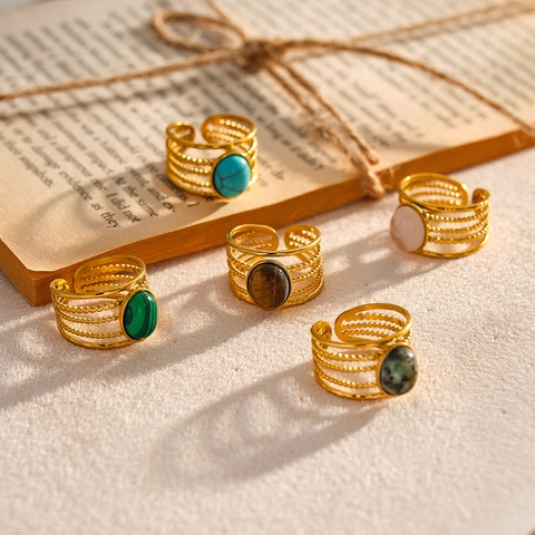 Anelli in Acciaio Inossidabile 304 Placcati in Oro 18K Vintage per Donna Bohemien Intarsio Pietra Naturale Perla Artificiale Anello Aperto
