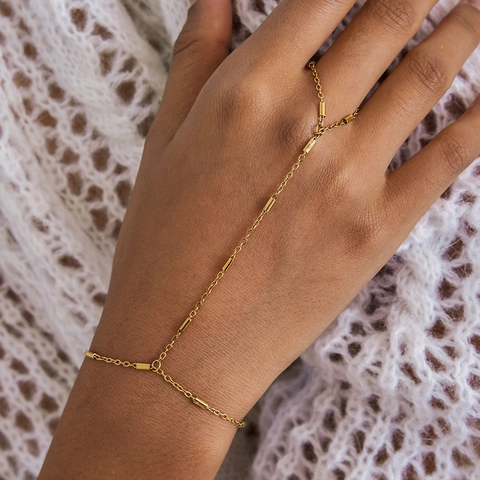 Minimalist Gold Plated Stainless Steel Slave Bracelet Hand Chain Finger Ring Jewelry For Women Waterproof Non-fading