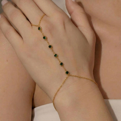 Pulsera De Esclava Retro Francesa De Acero Inoxidable Chapado En Oro Con Circón Verde Joyería Elegante De Cadena De Dedo Para Mujeres