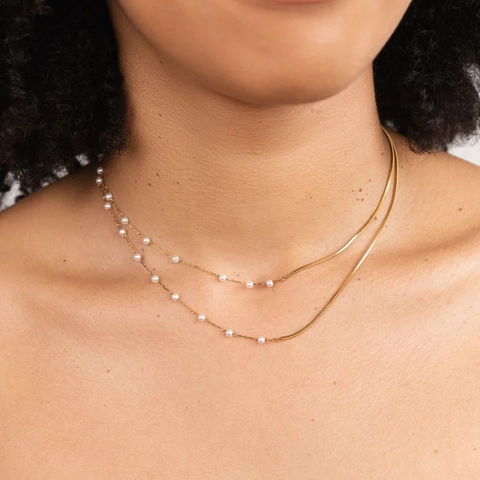 Double Layer Necklace 18K Gold Plated Stainless Steel Faux Artificial Pearl Waterproof Hypoallergenic Vintage Elegant Jewelry For Women