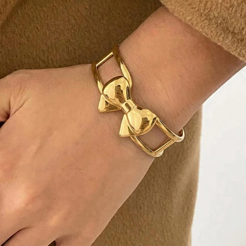 Edelstahl Schleife Armreif Für Damen 18K Vergoldet Hohl Offene Manschette Armband Wasserdicht Hypoallergen Elegant