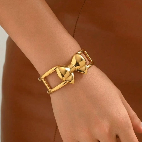 Edelstahl Schleife Armreif Für Damen 18K Vergoldet Hohl Offene Manschette Armband Wasserdicht Hypoallergen Elegant