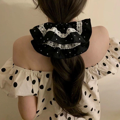 Large Scrunchies Satin Fabric Hair Ties With Lace Trim Polka Dot Floral Plaid Prints French Retro Style For Women Girls