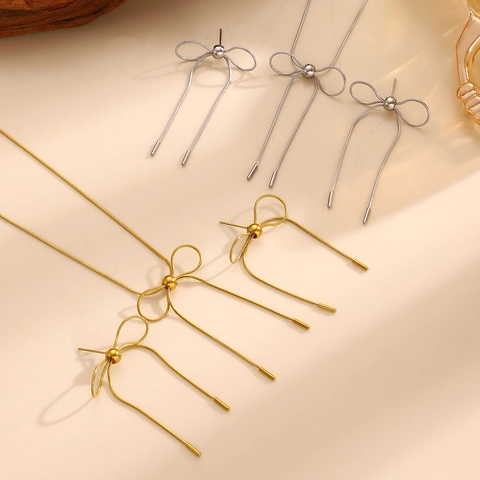 Stainless Steel Bowknot Necklace And Tassel Earrings Jewelry Set For Women Elegant Gold Silver Plated Snake Chain Accessory