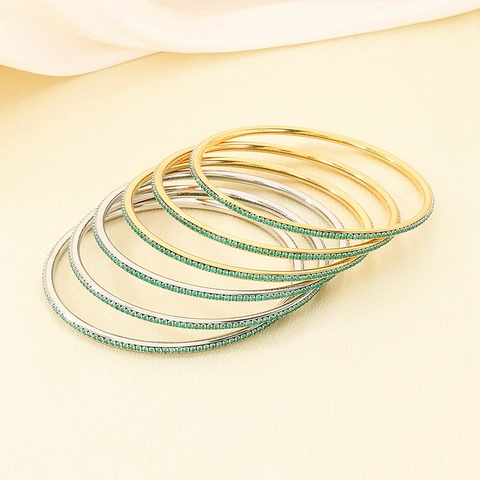 Vintage 18K Gold Plated Stainless Steel Bangle For Women Fashion Stackable Green Rhinestone Round Bracelet Jewelry