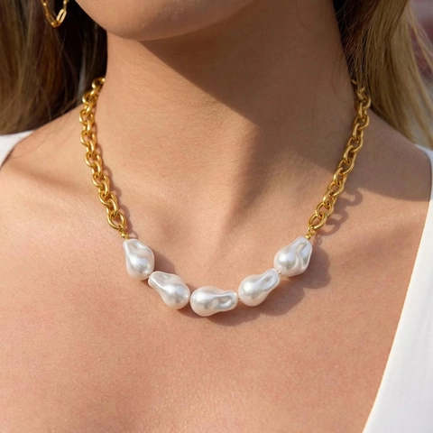 Collier Künstliche Perles Baroques Acier Inoxydable 304 Plaqué Or 18K Imperméable Hypoallergénique Vintage Élégant Bijoux Femmes