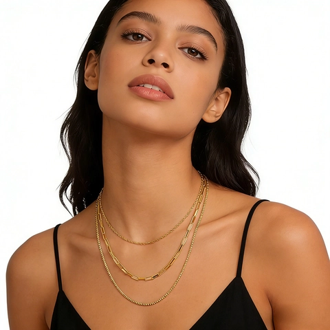 Layered Necklace 18K Gold Plated Stainless Steel Paperclip Box O-Chain Multi Strand Retro Minimalist Jewelry For Women
