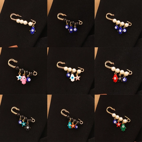 Broche de Alfiler de Seguridad de Aleación de Oro Bohemio Con Perla Artificial De Imitación Ojo Turco Mano De Fátima Joyería De Moda Mujer