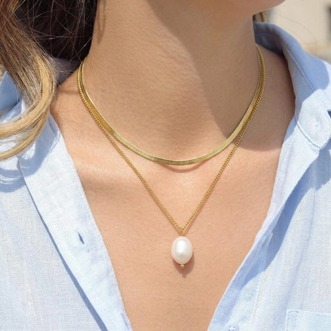 Layered Necklace 304 Stainless Steel Freshwater Pearl Pendant Snake Bone Herringbone Chain Elegant Jewelry For Women