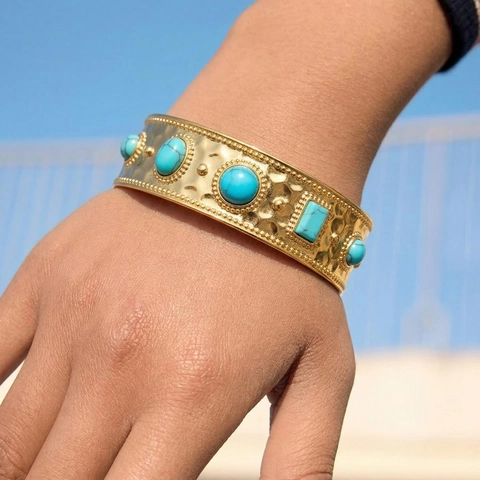 Bracciale Aperto In Acciaio Inossidabile Martellato Con Placcatura Oro 18K Turchese Stile Bohémien Retrò Etnico