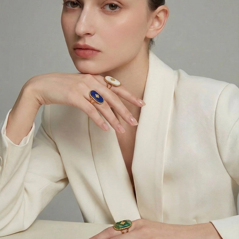 Vintage Edelstahl Naturstein Eingelegter Ring Für Damen Leichter Luxus Französischer Stil Oval Geometrischer Offener Fingerring Schmuck Geschenk