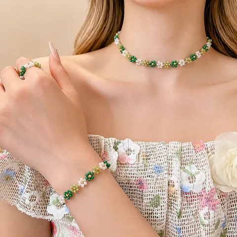 Handmade Artificial Crystal Beaded Flower Necklace Bracelet Ring Jewelry Set Mori Style Fresh Dopamine Color Jewelry For Women