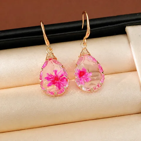 Handmade Resin Teardrop Drop Earrings With Real Dried Flower Petals Sweet Vacation Gold Color Hook Fashion Jewelry For Women