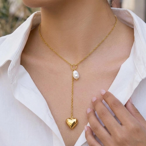 Collar En Y Lariat Con Perla Barroca Artificial Colgante De Corazón Acero Inoxidable Chapado En Oro 18K Impermeable Hipoalergénico Joyas Mujer