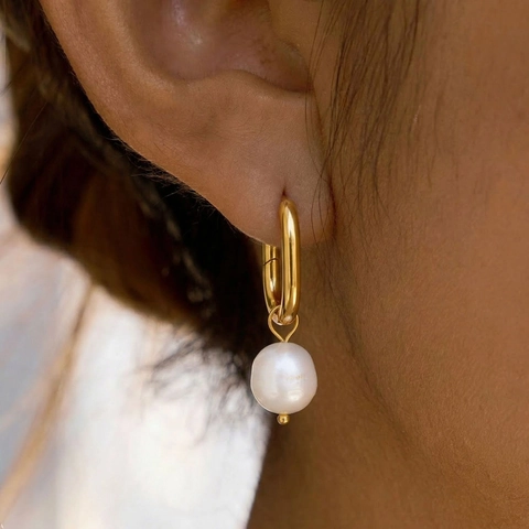 Pendientes De Aro En U De Perlas De Agua Dulce Acero Inoxidable Chapado En Oro De 18K Joyas Elegantes Para Mujer