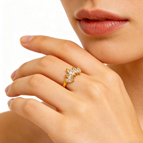 Anillo Aperto A Corona In Acciaio Inossidabile Placcato Oro 18K Con Zircone Marquise Gioielli Regolabili Eleganti Da Donna