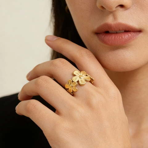 Anillo De Flor Acero Inoxidable Chapado En Oro 18K Ajustable Abierto Elegante Joyas Para Mujeres
