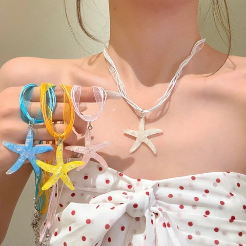 Dopamine Style Resin Sea Star Pendant Necklace For Women Bali Vacation Beach Resort Jewelry Ribbon Cord Necklace
