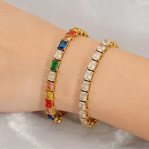 Tennis Bracelet 18K PVD Gold Plated Stainless Steel Baguette Cut Zircon Hip Hop Adjustable Chain Jewelry For Women Men