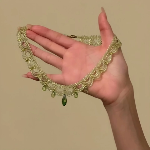 Collana in Pizzo con Perline di Vetro Fatta a Mano per Donna Catena a Clavicola in Acciaio Inossidabile Ciondolo a Goccia Etnico Vintage Gioielli