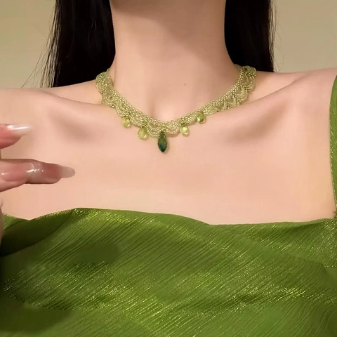 Collana in Pizzo con Perline di Vetro Fatta a Mano per Donna Catena a Clavicola in Acciaio Inossidabile Ciondolo a Goccia Etnico Vintage Gioielli