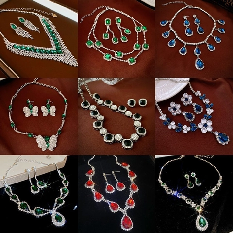 Luxury Rhinestone Necklace And Earring Jewelry Wedding Party Banquet Vintage Elegant Alloy Water Drop Pendant